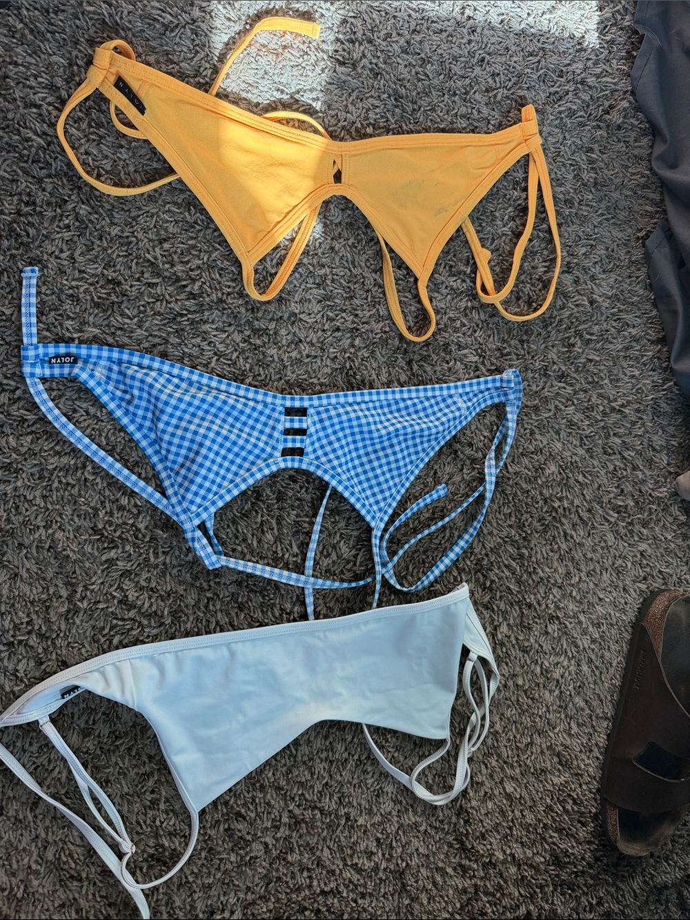 Jolyn Bikini Tops XS - Yellow, Blue Checkered, White with blue inside